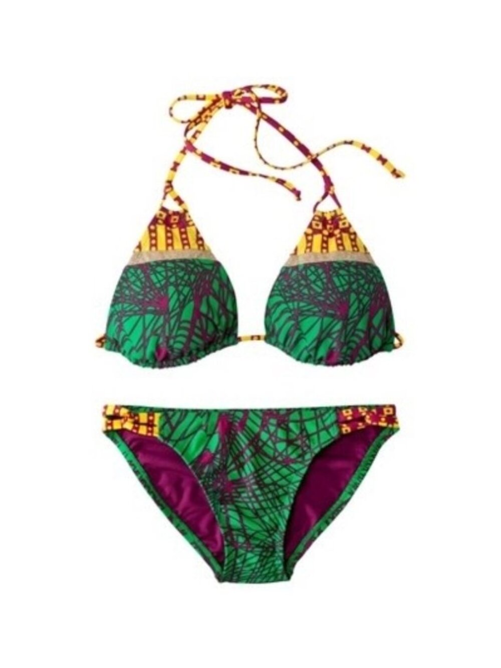 XHILARATION Y2K Green, Purple, Yellow, Gold Graphic Print 2 Pc Bikini Sz S